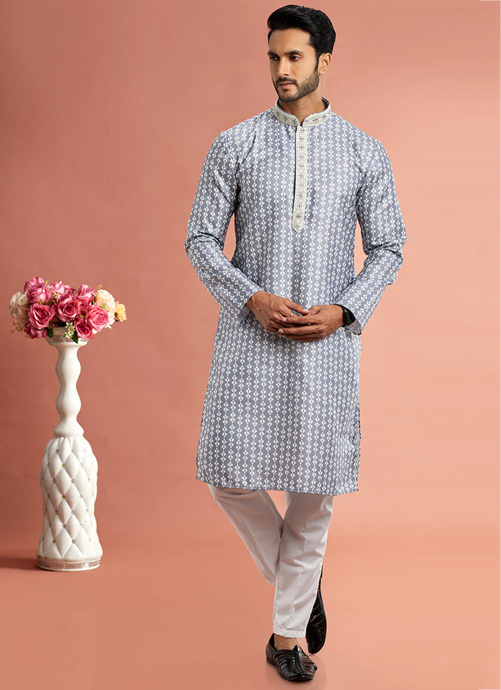 Art Cotton Silk Grey Traditional Wear Thread Work Kurta Pajama