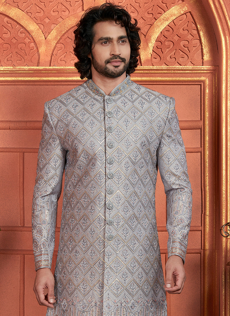 Art Silk Grey Wedding Wear Embroidery Work Readymade Groom Sherwani