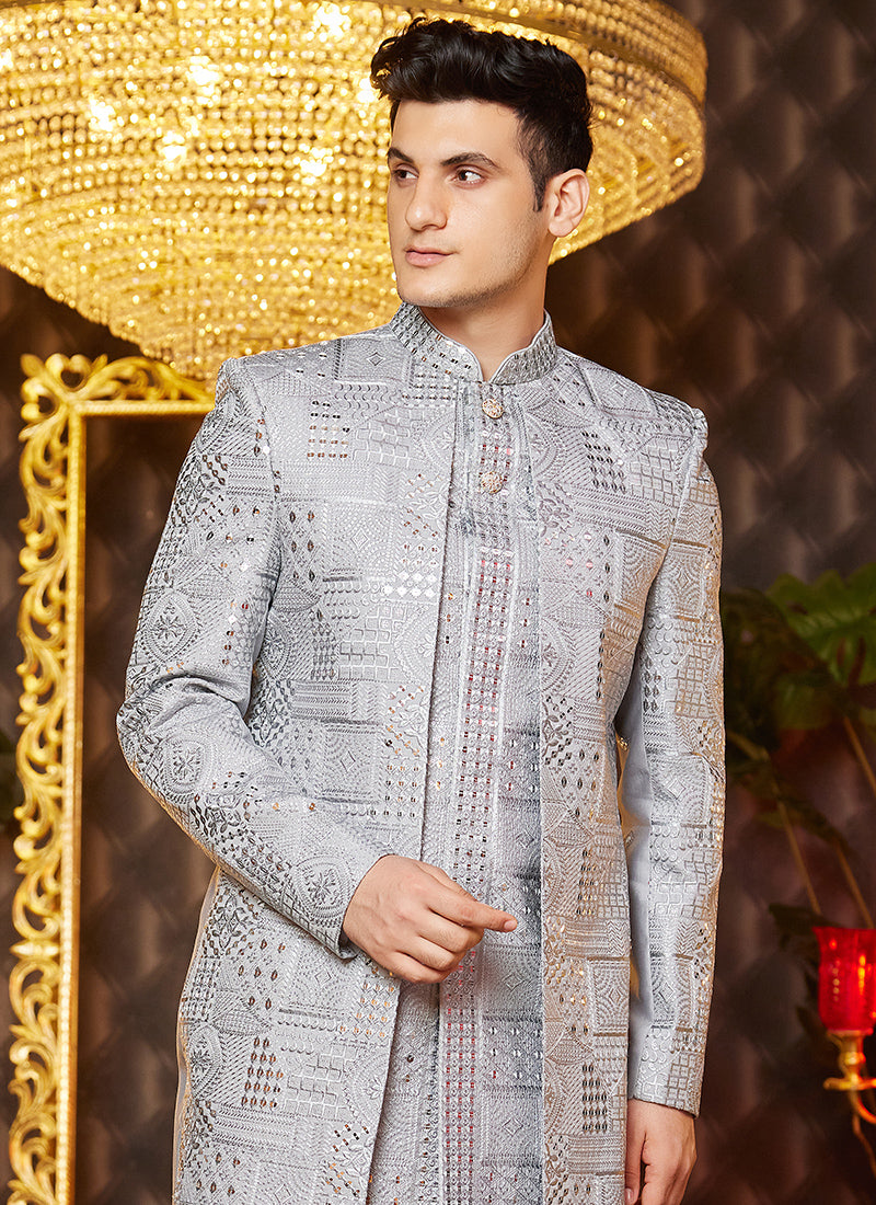 Art Silk Grey Wedding Wear Thread Work Readymade Indo Western Sherwani