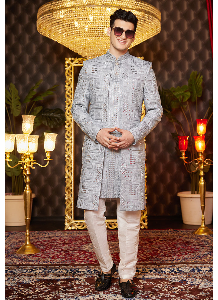 Art Silk Grey Wedding Wear Thread Work Readymade Indo Western Sherwani