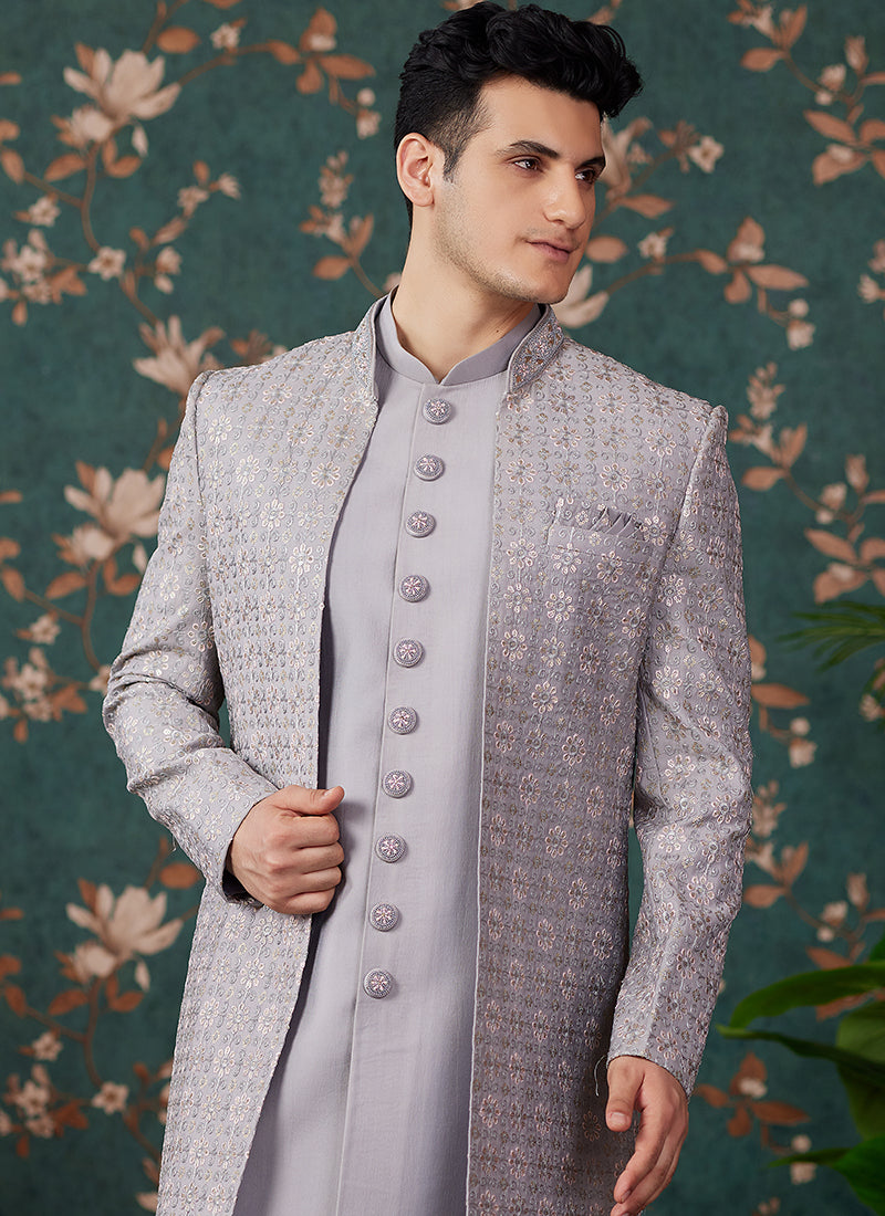 Art Silk Grey Wedding Wear Thread Work Readymade Sherwani