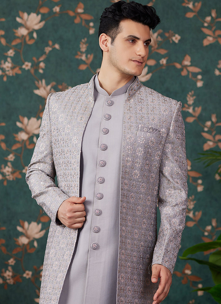 Art Silk Grey Wedding Wear Thread Work Readymade Sherwani