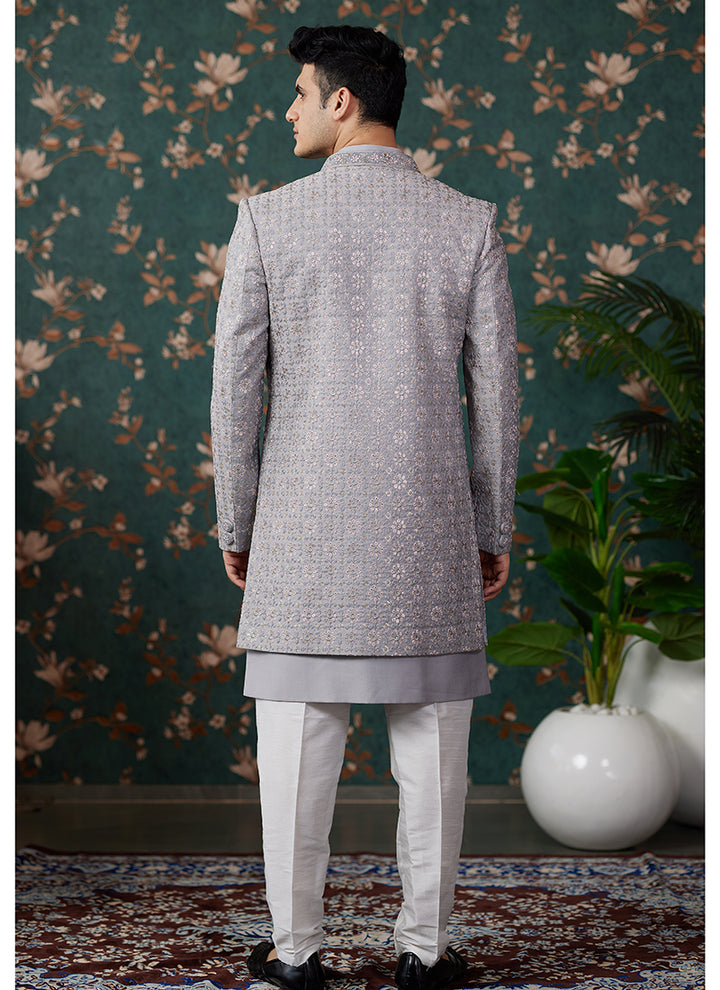Art Silk Grey Wedding Wear Thread Work Readymade Sherwani