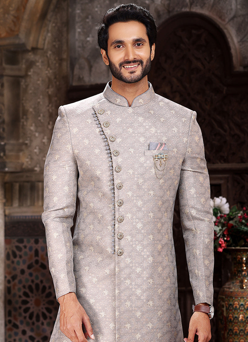 Grey Banarasi Jacquard Reception Wear Weaving Mens Indo Western
