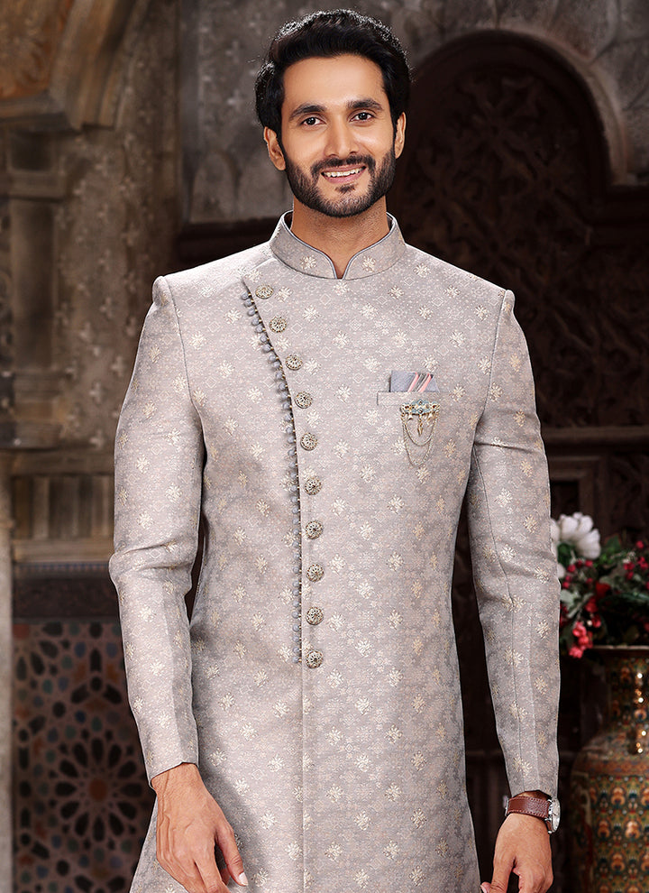 Grey Banarasi Jacquard Reception Wear Weaving Mens Indo Western