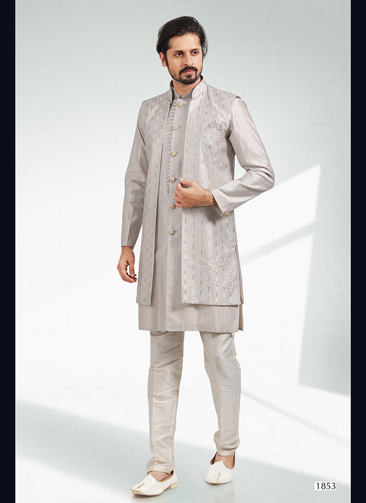 Grey Banarasi Silk Festival Wear Jacquard Kurta Pajama With Jacket
