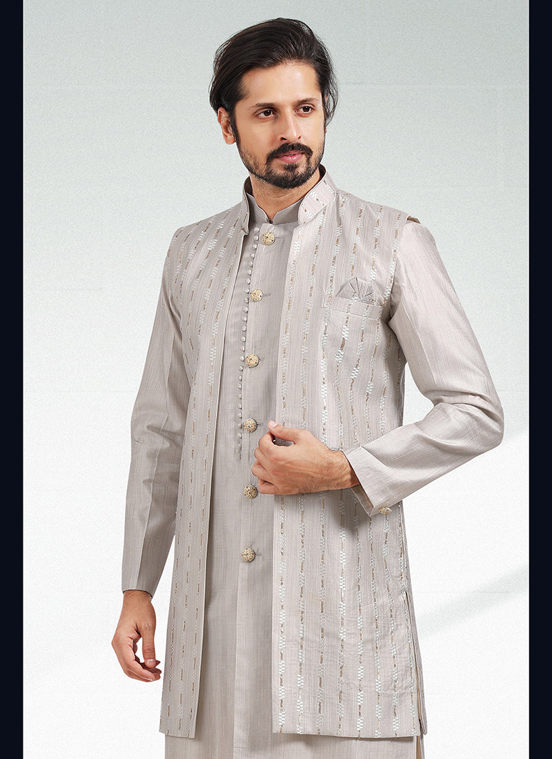 Grey Banarasi Silk Festival Wear Jacquard Kurta Pajama With Jacket
