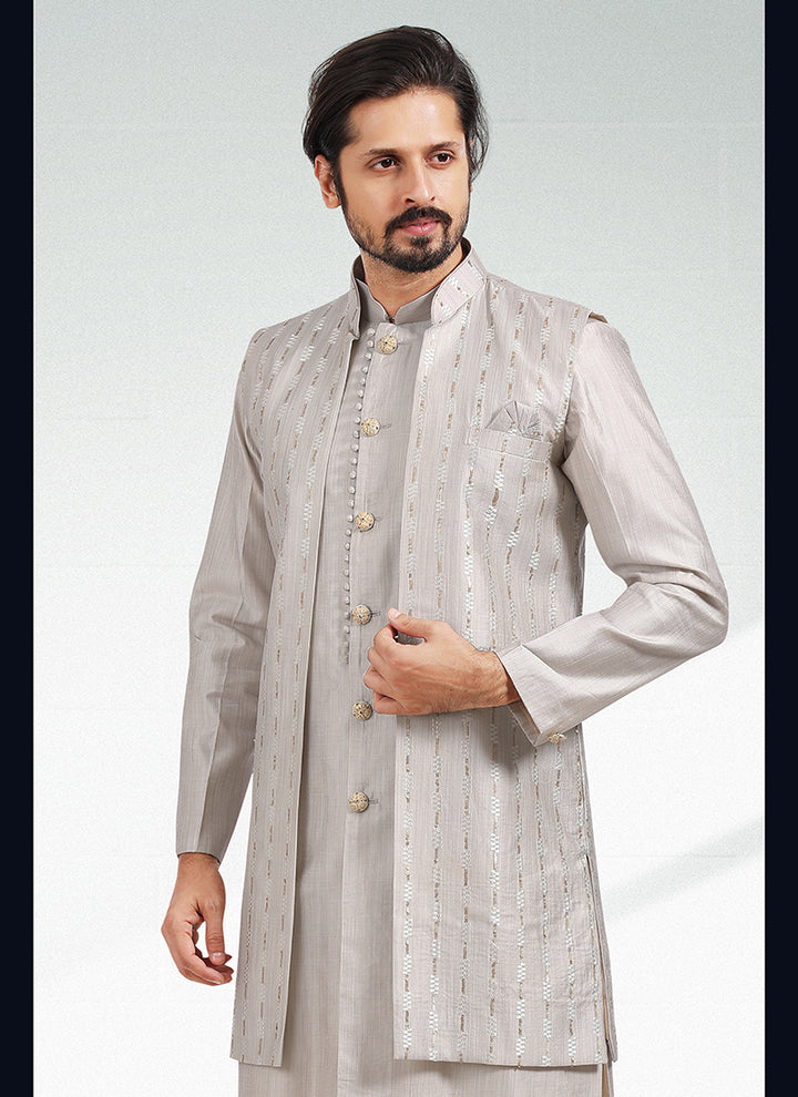 Grey Banarasi Silk Festival Wear Jacquard Kurta Pajama With Jacket