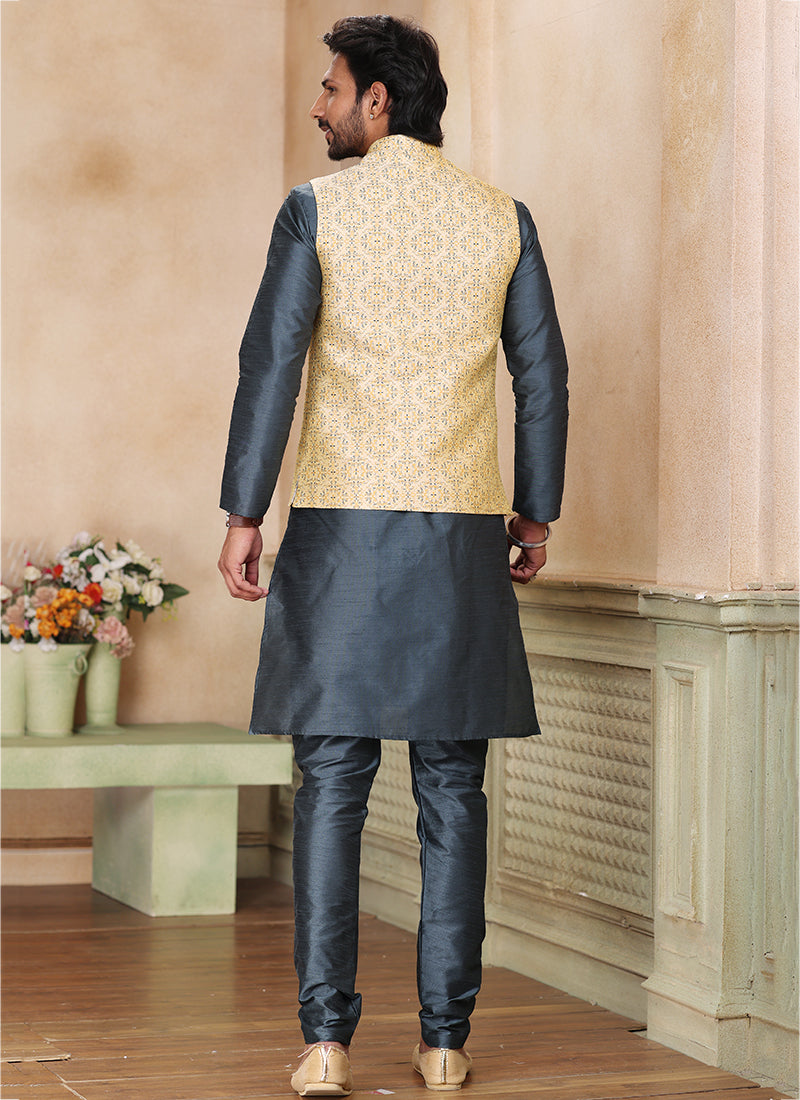 Grey Banarasi Silk Traditional Wear Weaving Kurta Pajama With Jacket