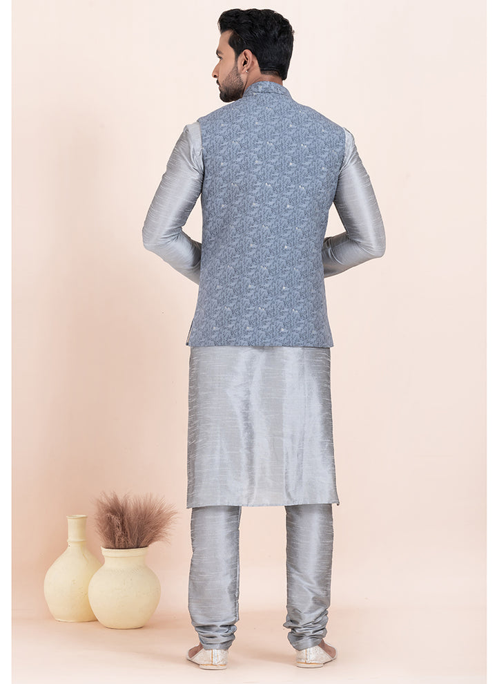Banarasi Silk Grey Festival Wear Jacquard Work Readymade Modi Jacket Kurta Pajama