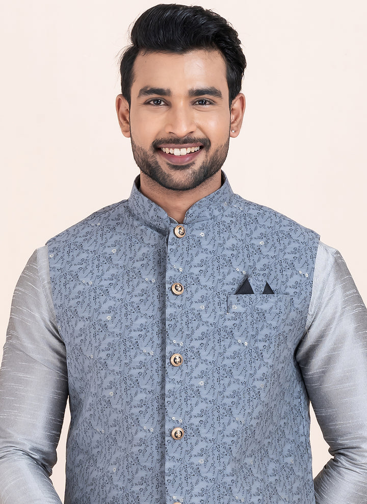 Banarasi Silk Grey Festival Wear Jacquard Work Readymade Modi Jacket Kurta Pajama