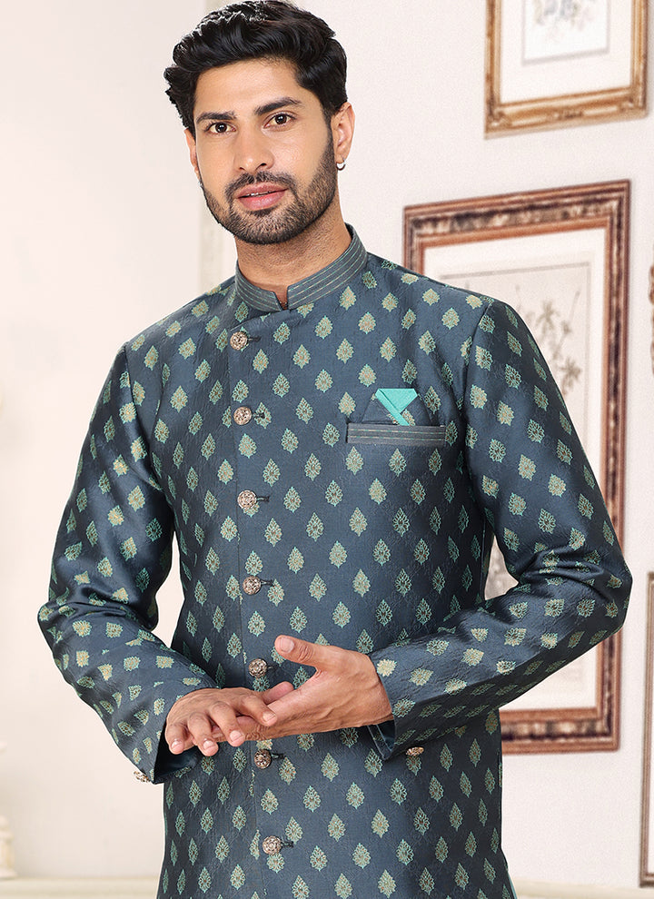 Grey Blue Banarasi Jacquard Wedding Wear Weaving Indo Western Sherwani