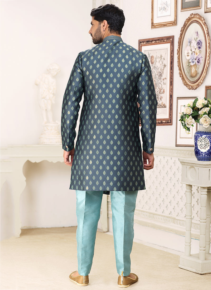 Grey Blue Banarasi Jacquard Wedding Wear Weaving Indo Western Sherwani