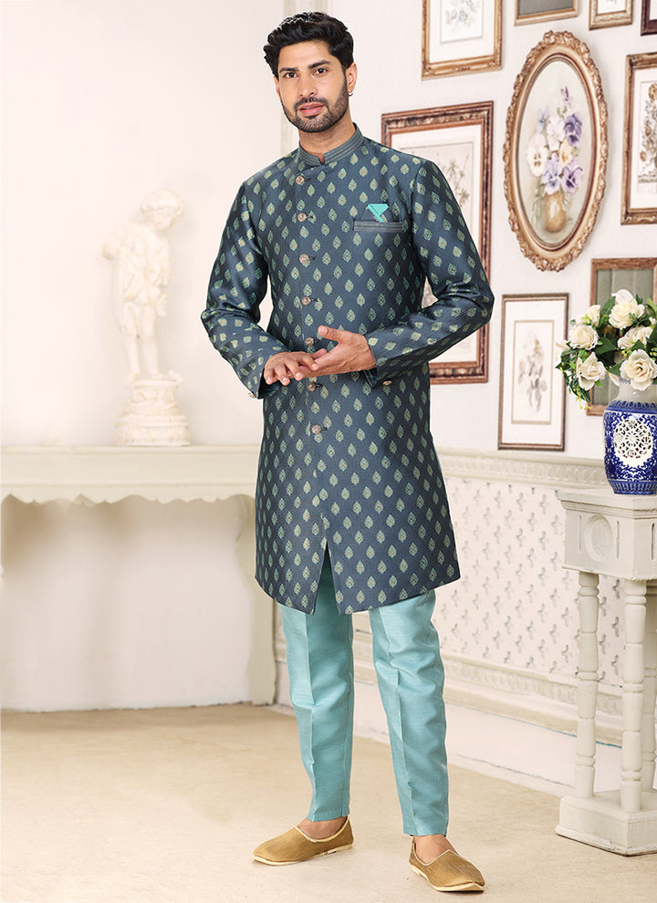 Grey Blue Banarasi Jacquard Wedding Wear Weaving Indo Western Sherwani