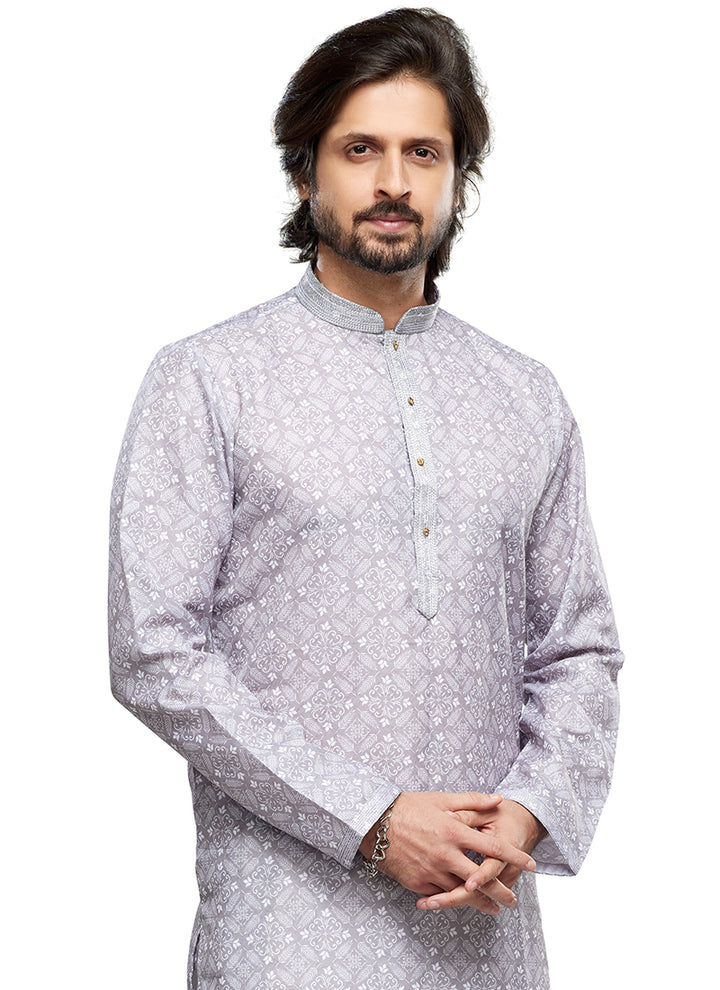 Grey Cotton Party Wear Thread Work Readymade Mens Kurta Pajama