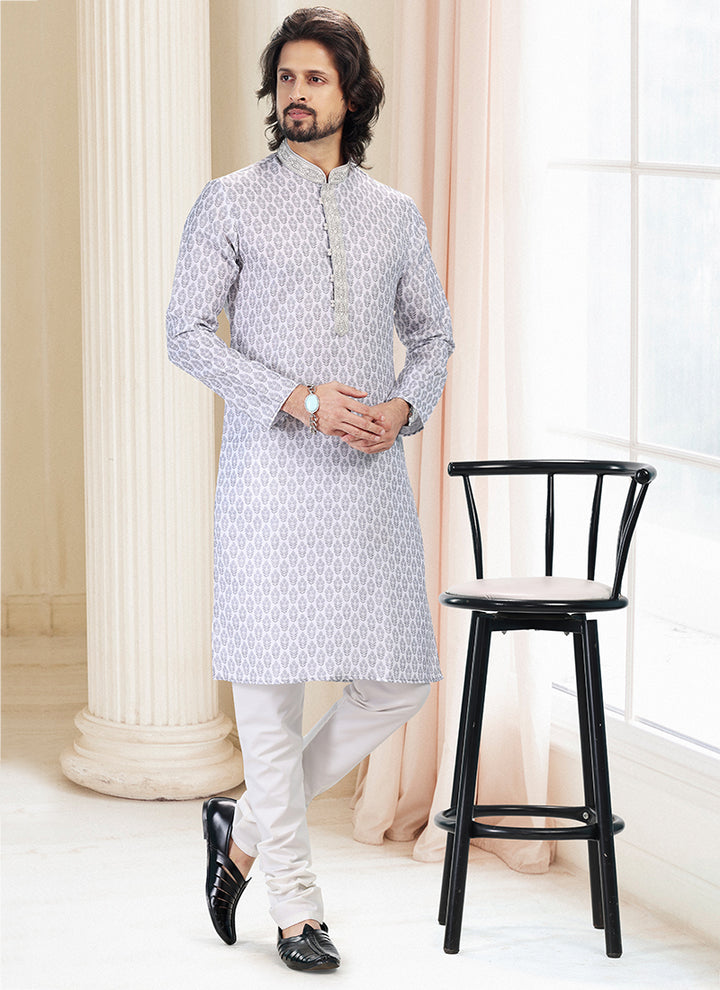 Grey Cotton Traditional Wear Thread Work Kurta Pajama