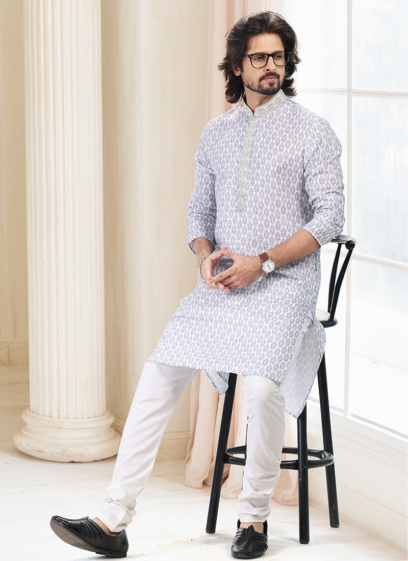 Grey Cotton Traditional Wear Thread Work Kurta Pajama