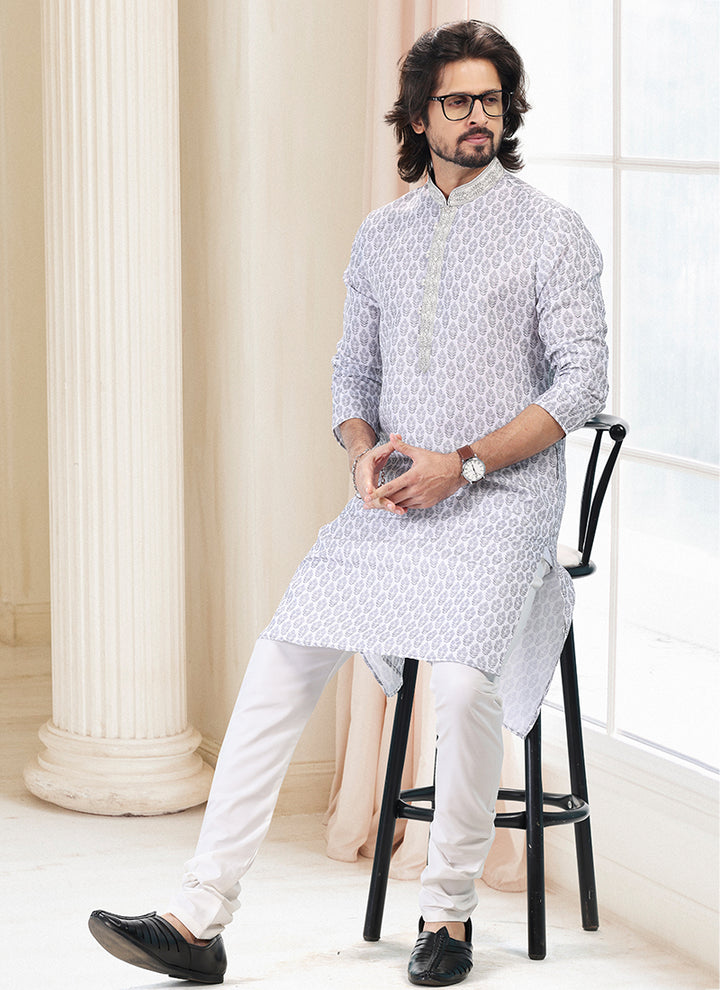 Grey Cotton Traditional Wear Thread Work Kurta Pajama
