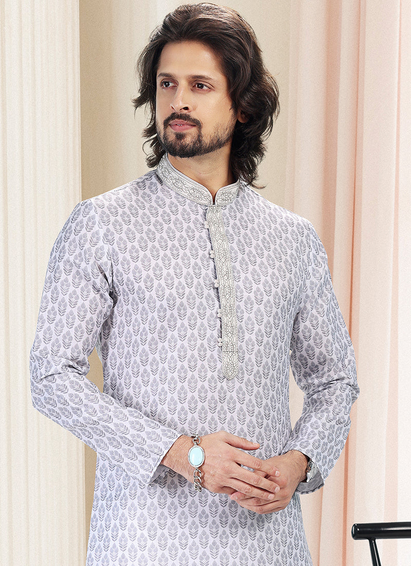 Grey Cotton Traditional Wear Thread Work Kurta Pajama