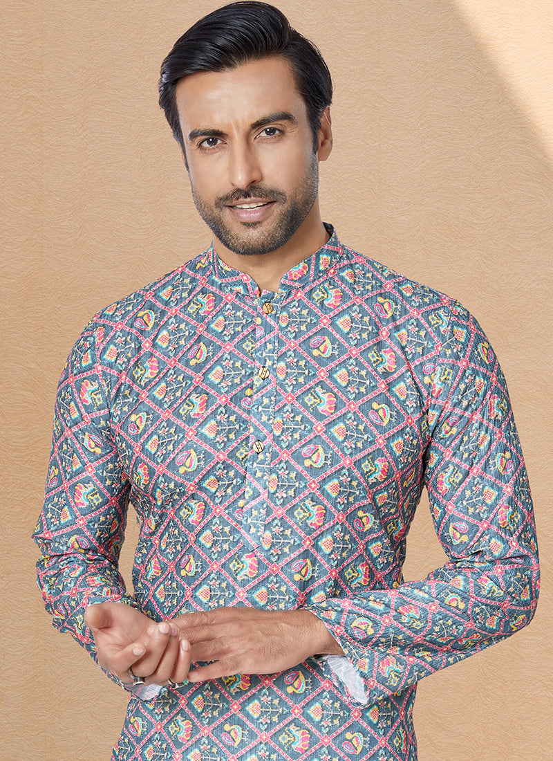 Dhupion Silk Grey Festival Wear Printed Readymade Kurta Pajama