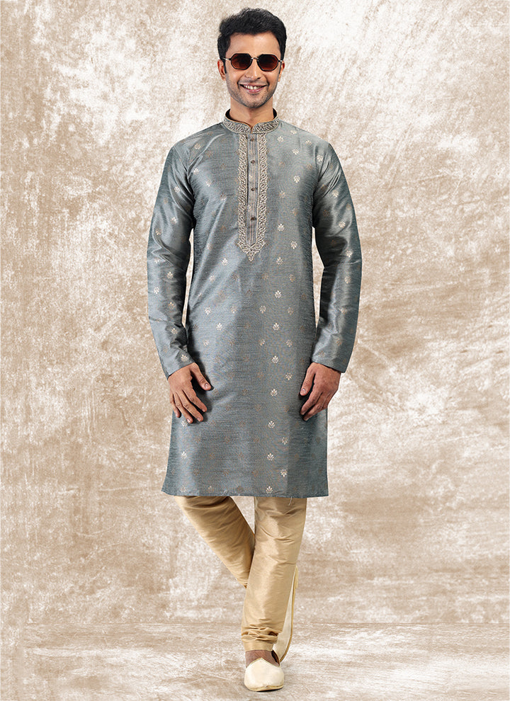 Grey Jacquard Brocade Silk Traditional Wear Thread Work Kurta Pajama