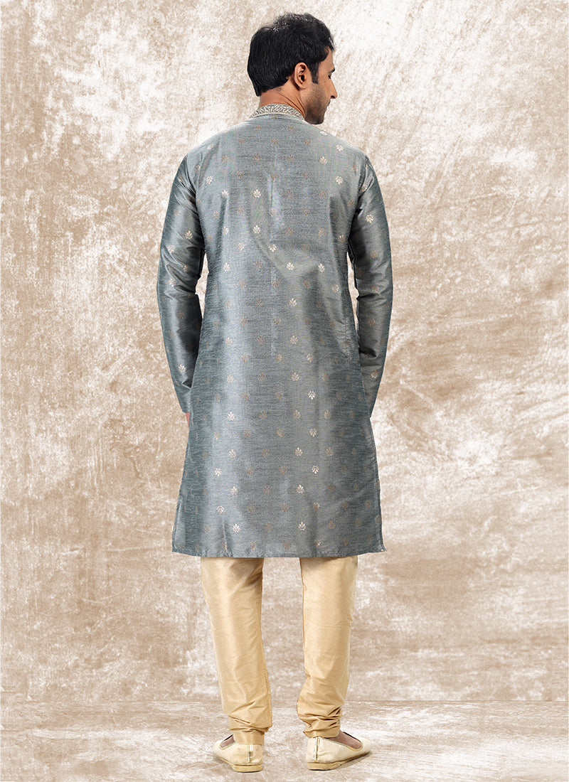 Grey Jacquard Brocade Silk Traditional Wear Thread Work Kurta Pajama