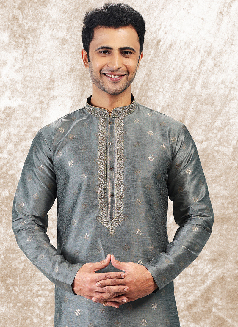 Grey Jacquard Brocade Silk Traditional Wear Thread Work Kurta Pajama