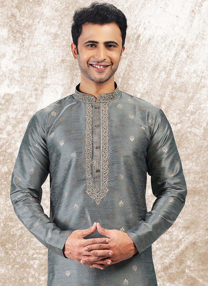 Grey Jacquard Brocade Silk Traditional Wear Thread Work Kurta Pajama