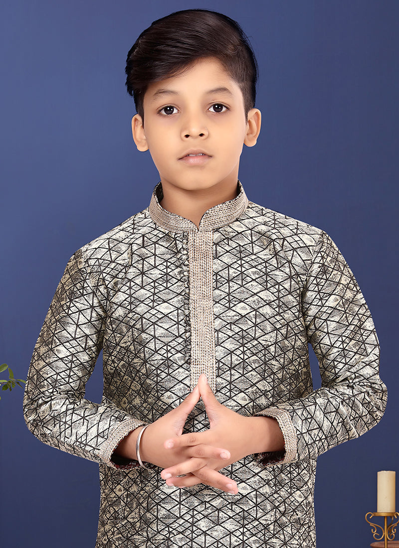 Jacquard Silk Grey Wedding Wear Weaving Readymade Kurta Pajama