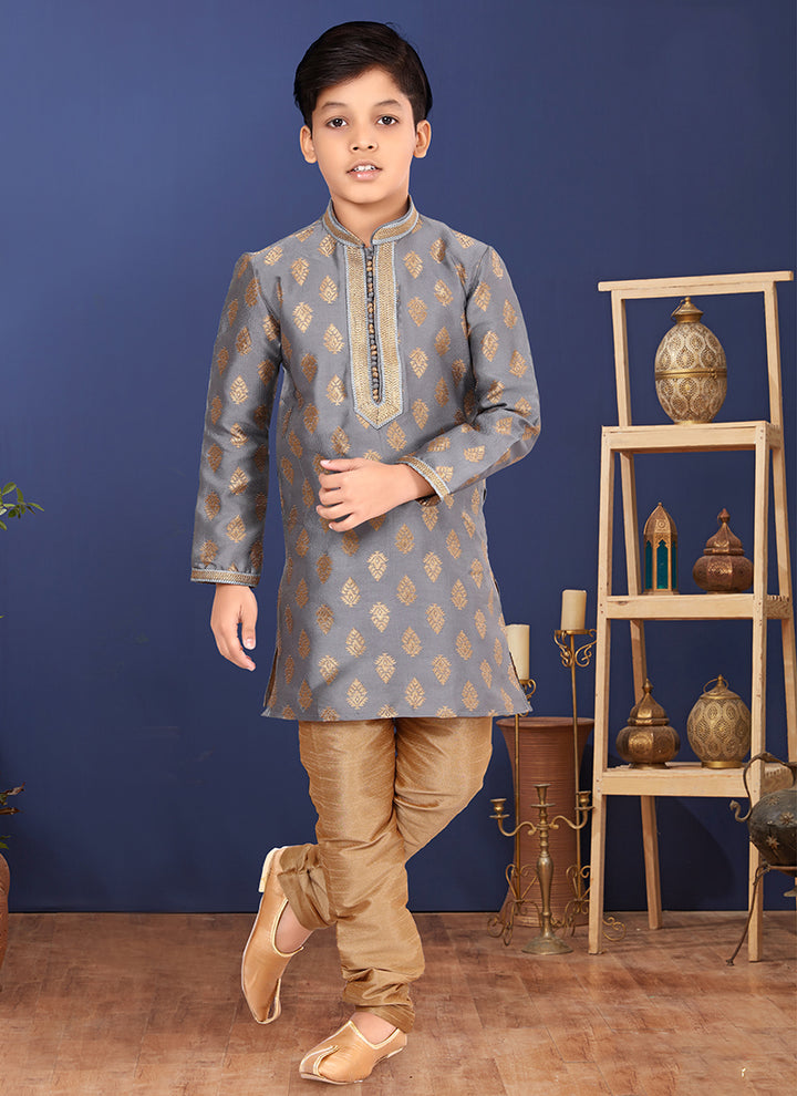 Jacquard Silk Grey Wedding Wear Weaving Readymade Kurta Pajama