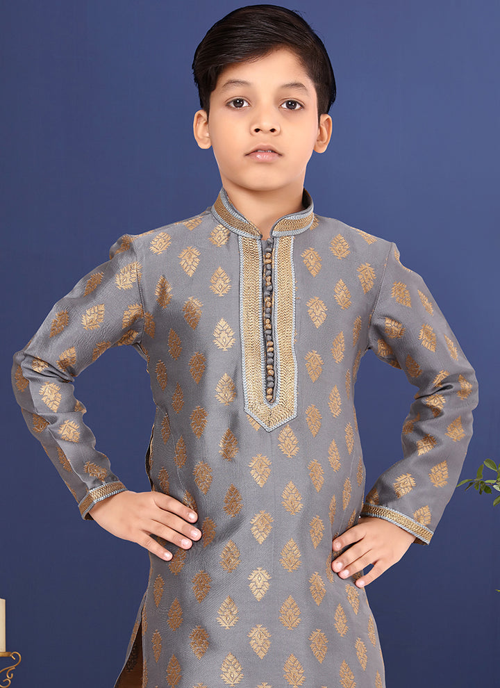 Jacquard Silk Grey Wedding Wear Weaving Readymade Kurta Pajama