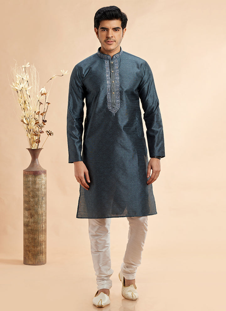Jacquard Art Silk Grey Festival Wear Machine Work Readymade Kurta Pajama