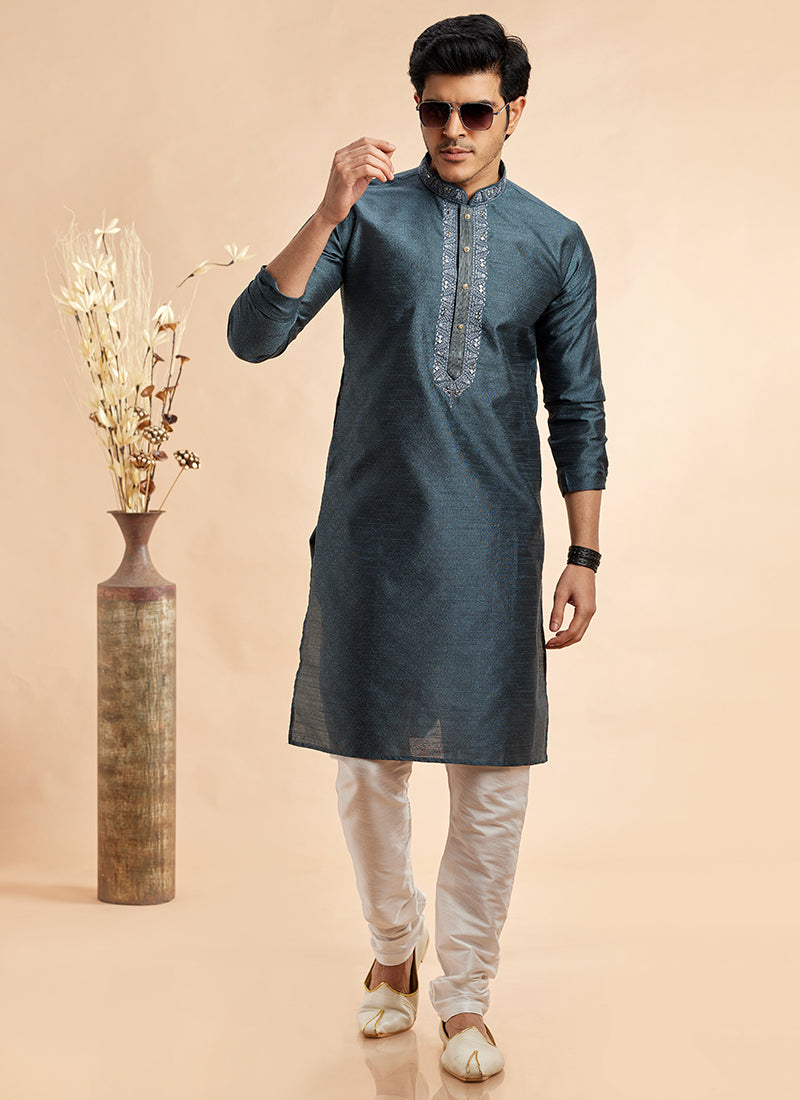 Jacquard Art Silk Grey Festival Wear Machine Work Readymade Kurta Pajama
