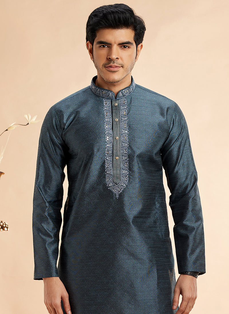 Jacquard Art Silk Grey Festival Wear Machine Work Readymade Kurta Pajama