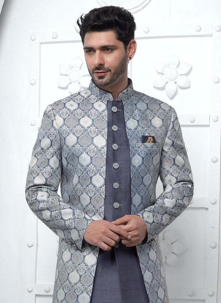 Grey Jaquard Silk Party Wear Pattern Pc Work Readymade Mens Indo Western