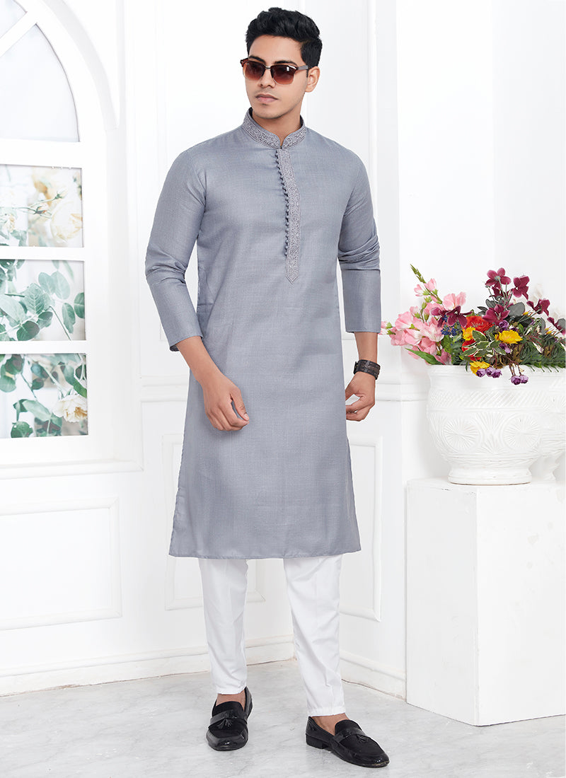 Linen Cotton Grey Traditional Wear Thread Work Kurta Pajama