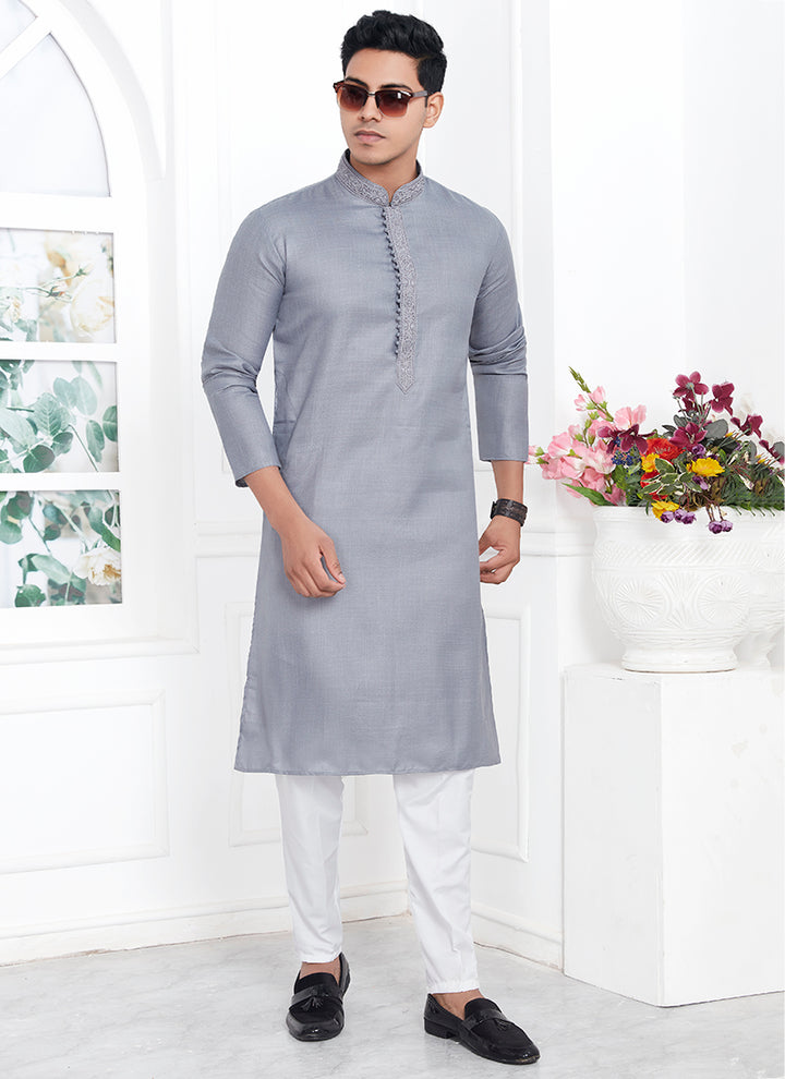 Linen Cotton Grey Traditional Wear Thread Work Kurta Pajama