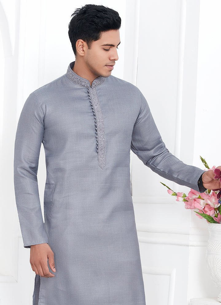 Linen Cotton Grey Traditional Wear Thread Work Kurta Pajama
