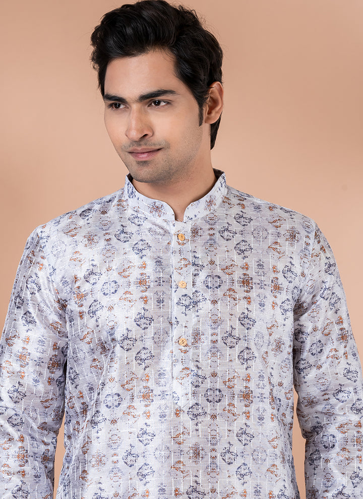 Mono Grey Festival Wear Crochet Work Kurta Pajama