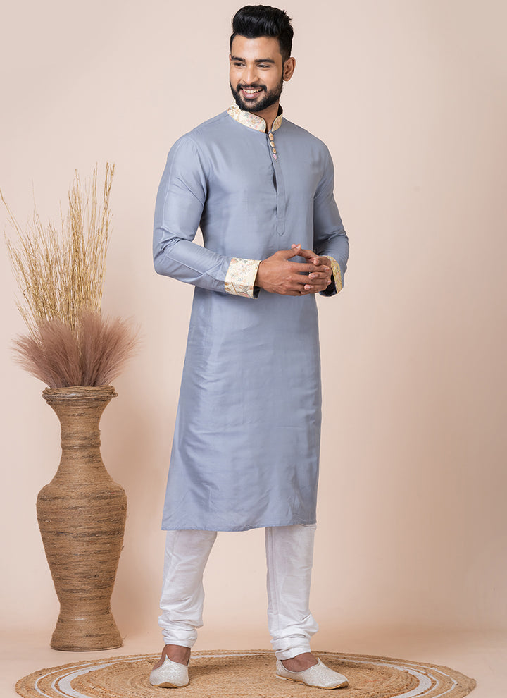 Ps Viscose Grey Festival Wear Embroidery Work Readymade Kurta Pajama