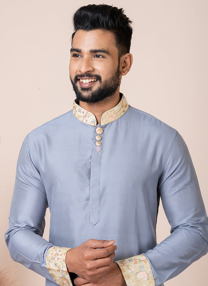Ps Viscose Grey Festival Wear Embroidery Work Readymade Kurta Pajama