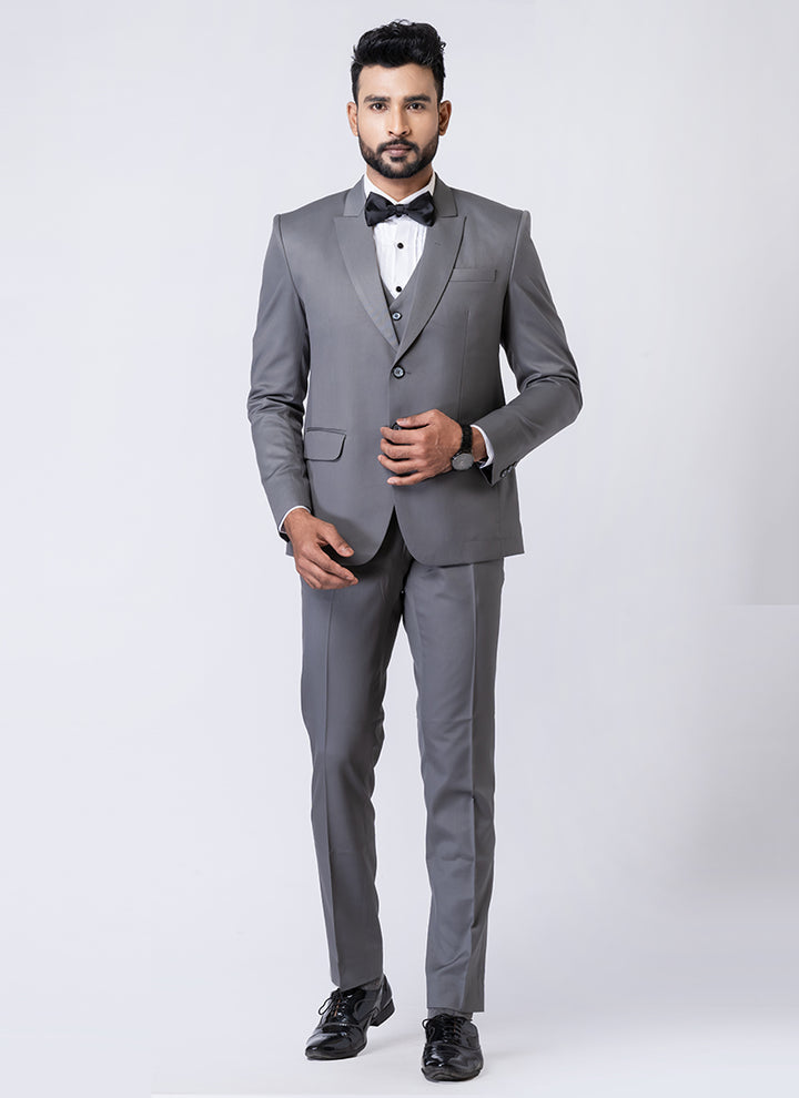 Polyster Mix Grey Ceremonial Wear Stylish Tuxedo Suit