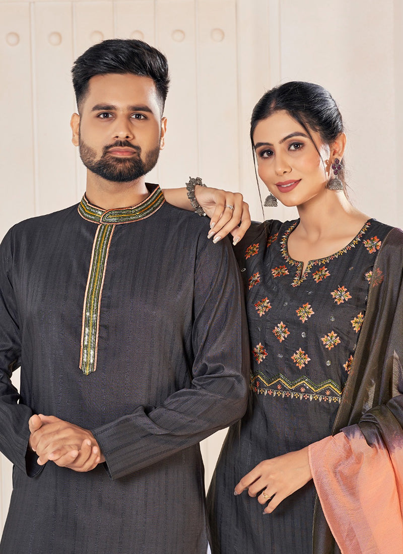 Pure Viscose Grey Festival Wear Embroidery Work Readymade Couple Combo Set