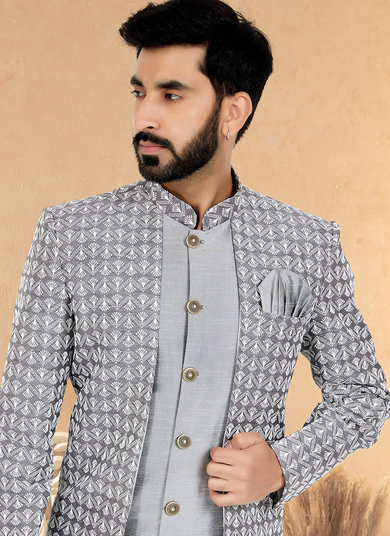 Grey Silk Banarasi Dhupion Wedding Wear Embroidery Work Mens Indo Western