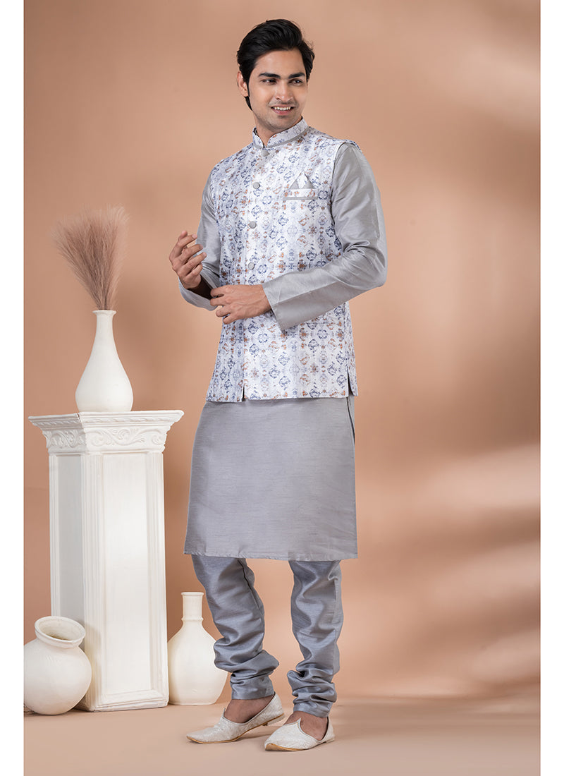 Silk Grey Traditional Wear Corset Work Readymade Modi Jacket Kurta Pajama