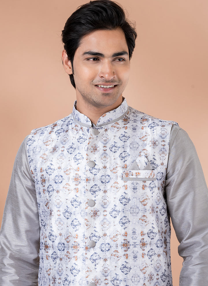 Silk Grey Traditional Wear Corset Work Readymade Modi Jacket Kurta Pajama