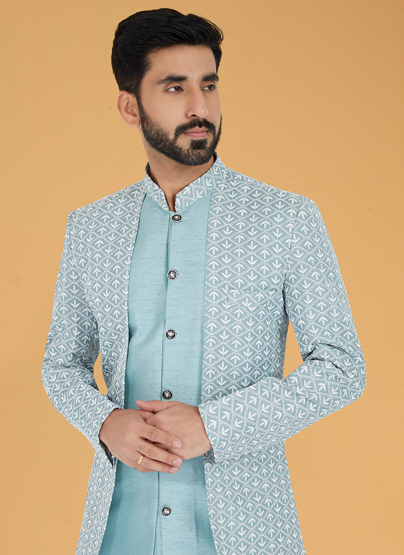 Grey Sky Blue Silk Banarasi Dhupion Wedding Wear Embroidery Work Mens Indo Western