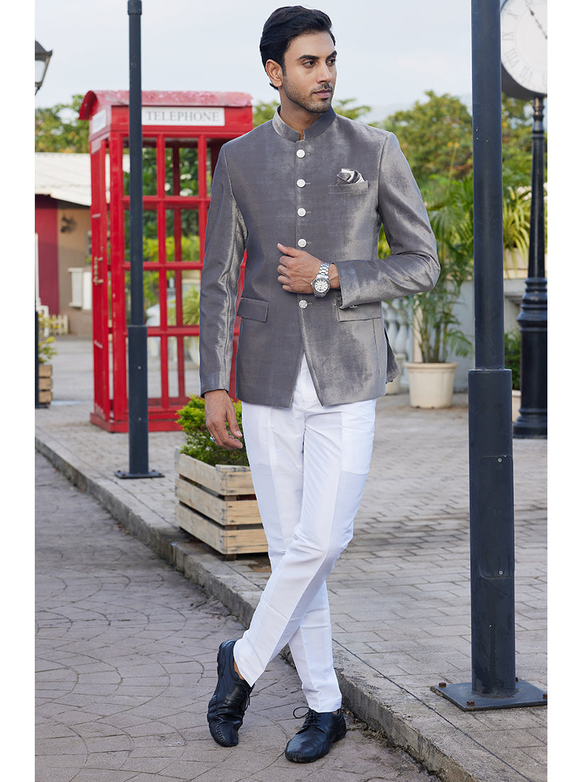 Velvet Grey Party Wear Thread Work Readymade Jodhpuri Suit(Top Only)