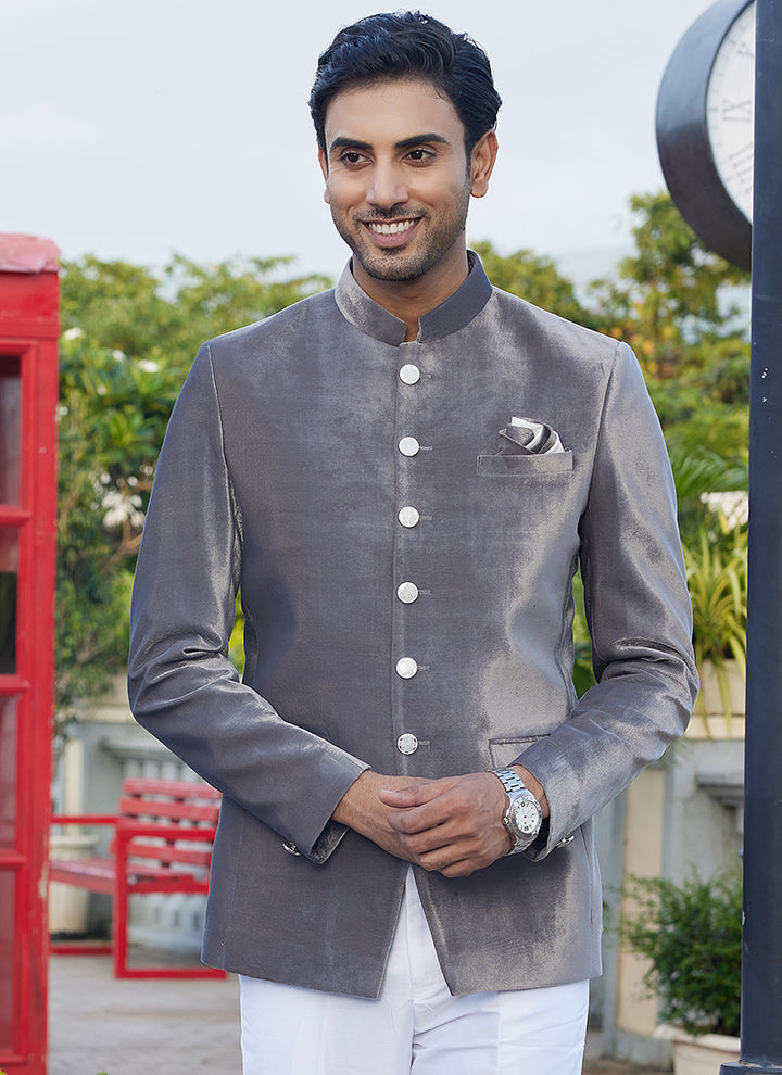 Velvet Grey Party Wear Thread Work Readymade Jodhpuri Suit(Top Only)