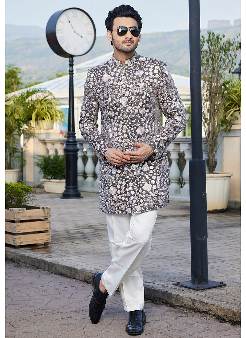 Velvet Grey Wedding Wear Thread Work Readymade Jodhpuri Suit